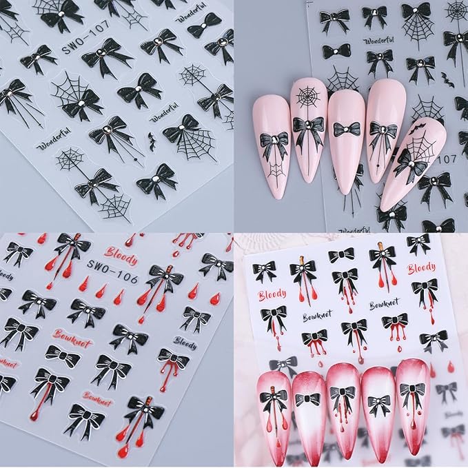 4 Sheets Halloween Nail Art Stickers Black Bow Spider Web Y2K Nail Decals 3D Self-Adhesive Bloody Drop Bowknot Nails Stickers Gothic Halloween Nails Decorations for Women Holiday DIY Manicure Supplies