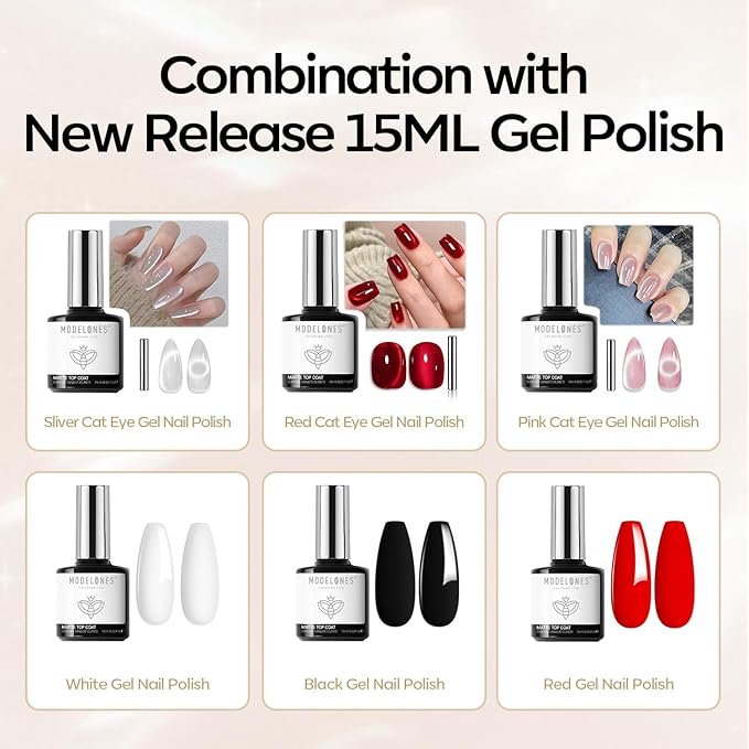 modelones Matte Gel Nail Polish Top Coat, 15ml No Wipe Top Coat Summer Gel Nail Polish Soak Off Powder-Resist Matte Finish Long Lasting DIY Gift Home Nail Salon