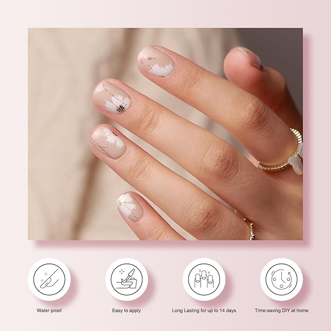 Semi Cured Gel Nail Strips - 30PCS Long-Lasting Nail Wraps, Salon-Quality Semi Cured Stickers, 2 Weeks Wear, Easy DIY Manicure-White Garden
