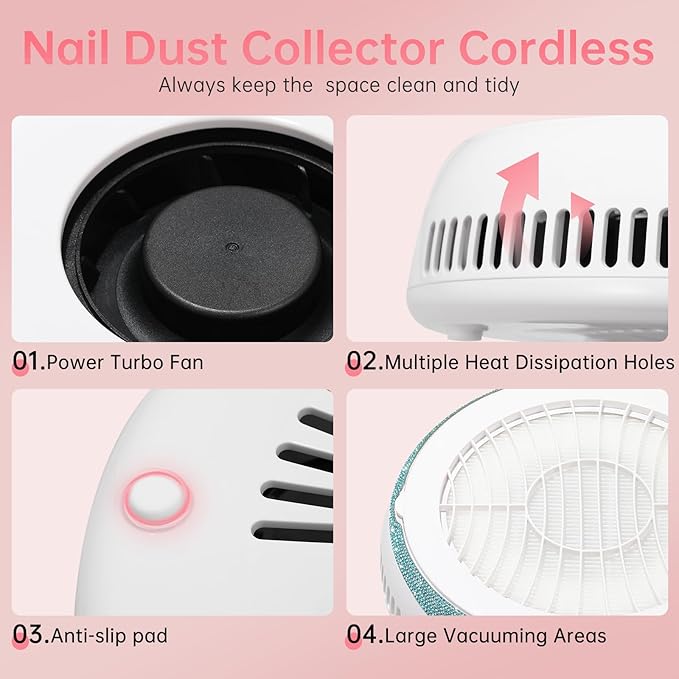 Nail Dust Collector, Cordless Dust Collector Nail Tech, Powerful Vacuum Fan Vent Dust Collector Extractor Dust Suction Machine for Acrylic Nails Polishing, Nail Salon&Home