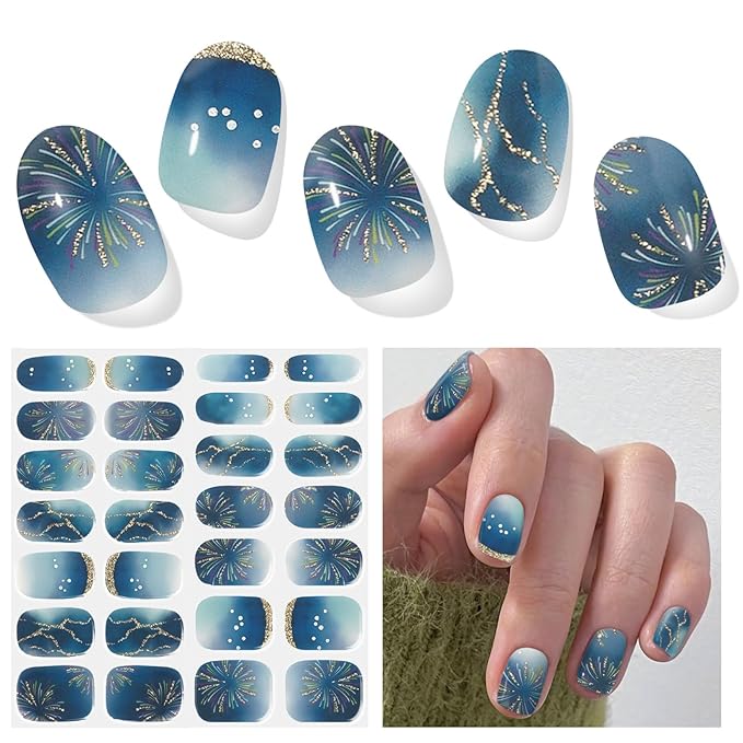 Semi Cured Gel Nail Strips, Stars Shine | 28 pcs Gel Nail Strips Work with Any UV Lamp, Salon Quality UV Nails Stickers, Easy to Apply for Home Nails DIY