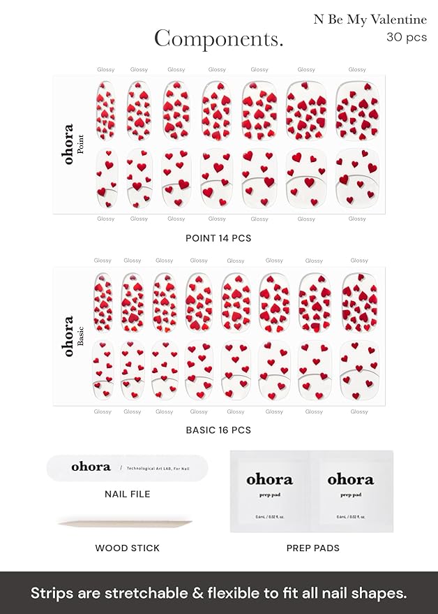 ohora Semi Cured Gel Nail Strips (N Be My Valentine) - Red, Pattern, Works with Any UV/LED Lamps, Salon-Quality, Long Lasting, Easy to Apply & Remove - Includes 2 Prep Pads, Nail File & Wooden Stick