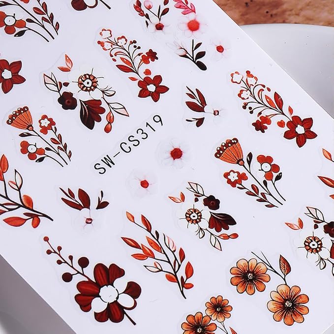 6Pcs Fall Nail Stickers Brown Orange Black Flower Leaves Nail Decals DIY Self Adhesive Autumn Leaves Design Thanksgiving Nail Decoration Supplies Winter Holiday Manicure Accessories for Women Girls