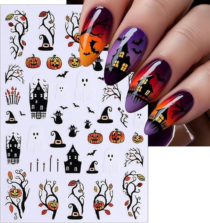 8 Sheets Halloween Nail Art Stickers 3D Self Adhesive Cute Ghost Pumpkin Nail Decals Flower Spooky Mushroom Nail Design Spider Bats Blood Drop Supplies for Women Scary Halloween Manicure Decoration