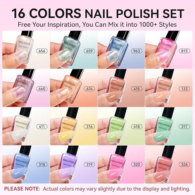 Nail Polish Set, Glitter Holographic Nude Peach Pink Shimmer Shades 16 Colors Nail Lacquer with Clear Base Top Coat & Remover Pads, Hema-free, Air Dry Non Gel