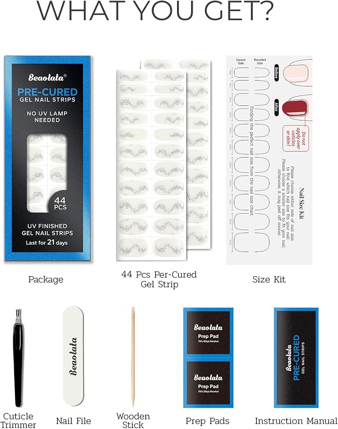 Pre Cured Gel Nail Strips - 44PCS Salon Quality Gel Nail Stickers - Long Lasting Polish Wraps for Women no UV Light Needed Easy Apply& Remove (Midnight White)