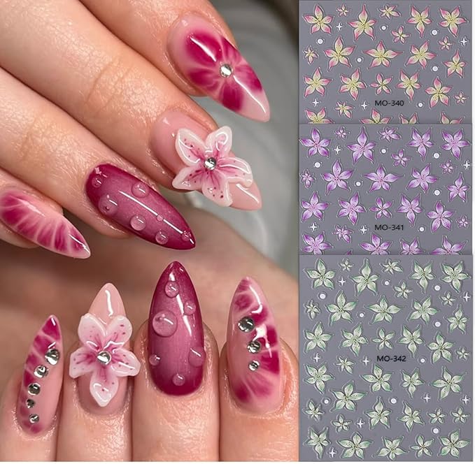 3 Sheets Flower Nail Decals, Lily Nail Stickers, 3D Self-Adhesive Nail Design Stickers for Woman Daily Festival DIY Pink Purple Green Floral Manicure Decoration Supplies