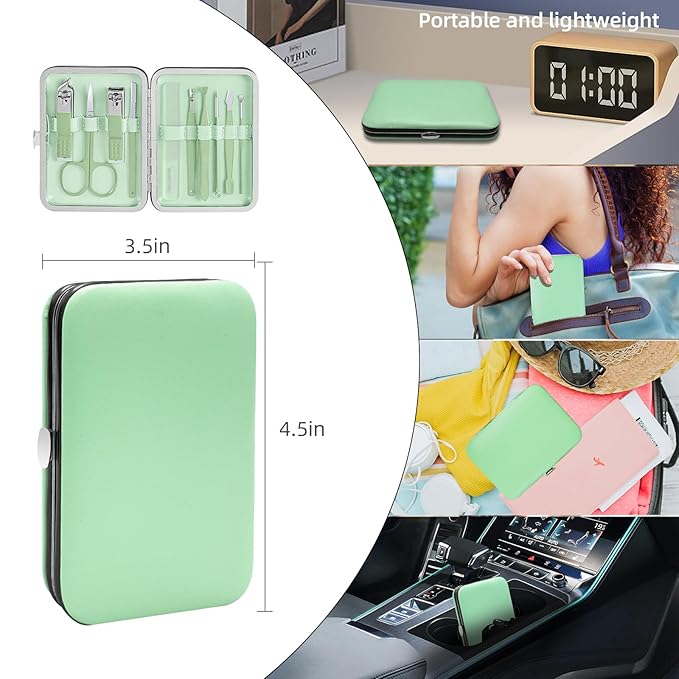 Manicure Set Professional Nail kit, Andrea 10 pcs mens manicure kit and Grooming kit, Nail Care Tools with Luxurious Travel Leather Case for Thick Nails Men Gift (green)