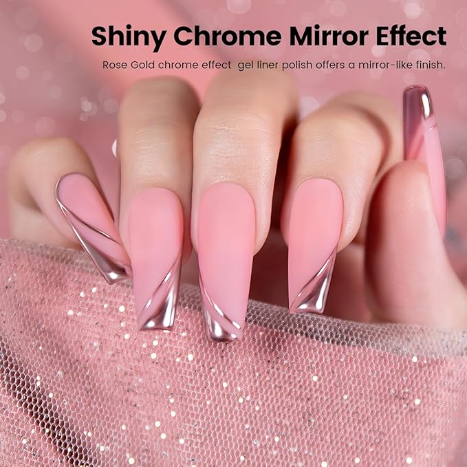 RARJSM Metallic Gel Liner Nail Art Rose Gold 3D Mirror Chrome Effect Gel Nail Polish 8ml Painting Build in Thin Brush Metal Painted Drawing Striper Gelpolish Soak off Curing Requires for Home Salon