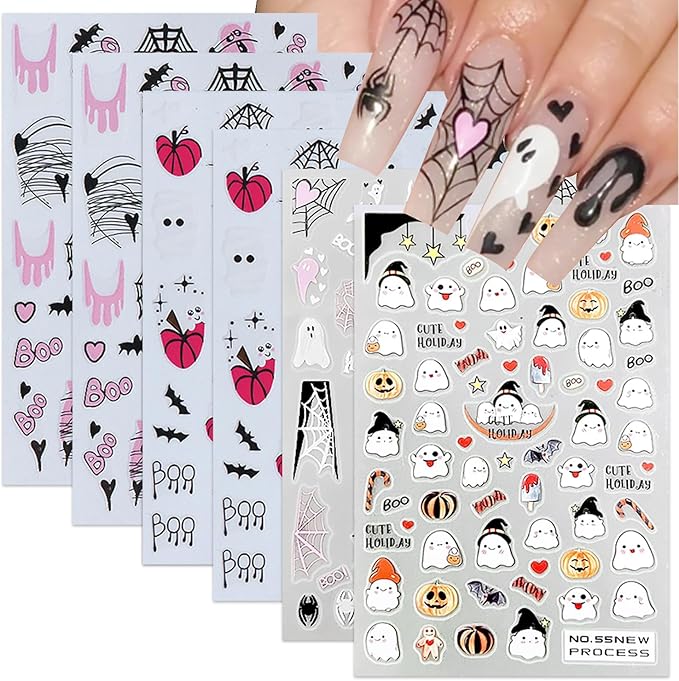 6 Sheets Halloween Nail Art Stickers Cute Ghost Nail Stickers Spider Web 3D Self Adhesive Nail Decals Gothic Spider Spooky French Nail Design Stickers for Women Girls Acrylic Manicure Salon