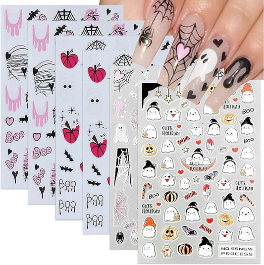 6 Sheets Halloween Nail Art Stickers Cute Ghost Nail Stickers Spider Web 3D Self Adhesive Nail Decals Gothic Spider Spooky French Nail Design Stickers for Women Girls Acrylic Manicure Salon