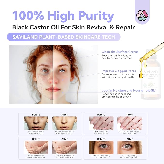 Saviland Jamaican Black Castor Oil Organic Cold Pressed Unrefined: 100% Pure and Natural Castor Oil for Hair Growth Eyebrows Face Skin Care Cuticle Nourish Massager Tools Home Care 60ML