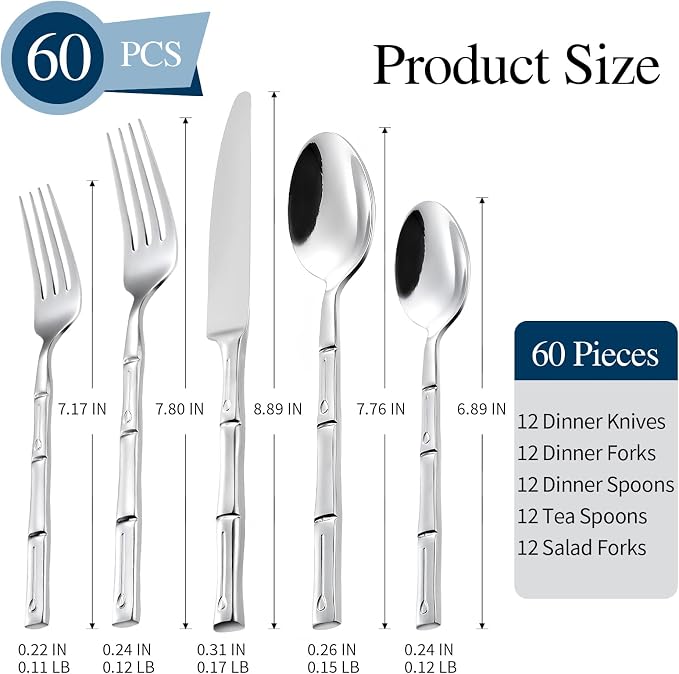 Silverware Set 60-Piece Bamboo Pattern Service - Image 2