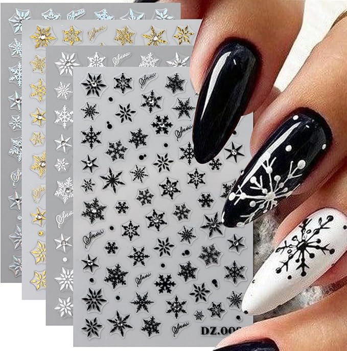 4 Sheets Christmas Nail Stickers for Nail Art WLGDLH 3D Self Adhesive Nail Art Stickers Multicolor Snowflakes Nail Decals Crystal Nail Supplies for Women DIY Christmas Decorations