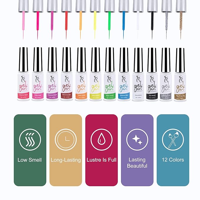 SXC Cosmetics G-41 Gel Liner Nail Art Set 12 Black White Red Pink Colors Paint for Swirl Nails Built-in Thin Brush in Bottle Pens Soak off Gold Silver Glitters Gel…