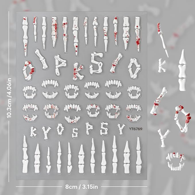 Halloween Nail Stickers for Nail Art - Terrifying Bones Nail Art Sticker Halloween 5D Embossed Nail Decals Self-Adhesive Nails Supply Manicure Stickers for Nails Decoration