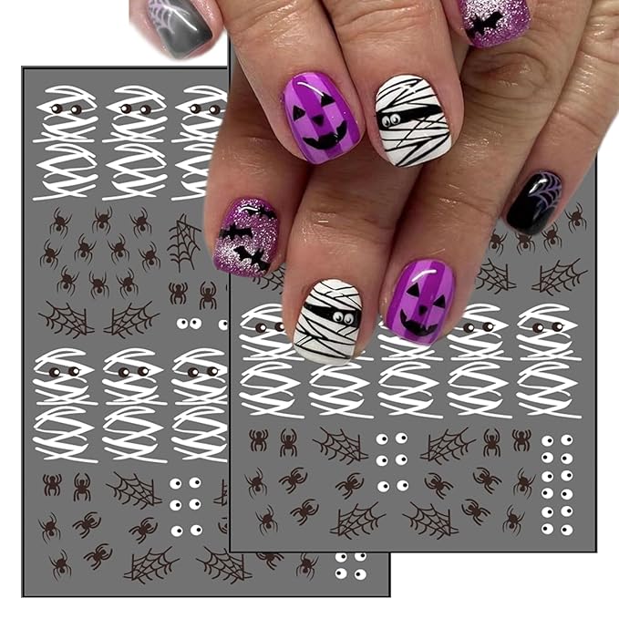 8 Sheets Halloween Nail Art Stickers Cute Ghost & Mummy Designs 3D Self-Adhesive Flower Nail Stickers Halloween Spider Pumpkin Spider Web Acrylic Nails Art Decoration for Women Nails Art Supplies