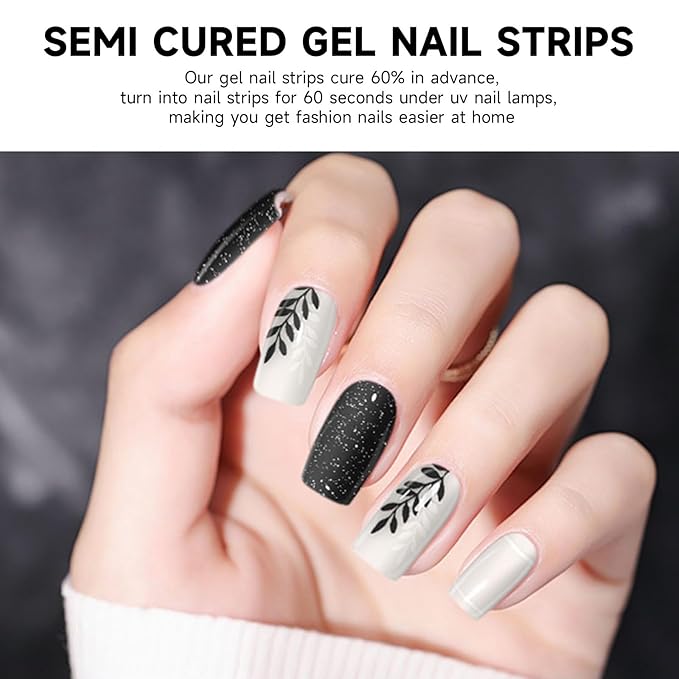 Semi Cured Gel Nail Strips,28 PCS Fall Nail Art Stickers (Falling Leaves),Gel Stickers for Nails UV Light,Nail Polish Strips Includes Prep Pads, Nail File & Wood Stick
