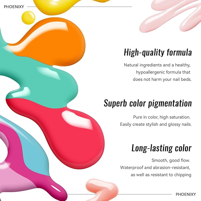 phoenixy 50 Pcs Gel Nail Polish Set, 42 Colors Gel Nail Polish Kit with Base & Glossy Matte Glitter Top Coat Pink Red Purple Blue White Nail Polish Starter Set Gifts for Women Girls