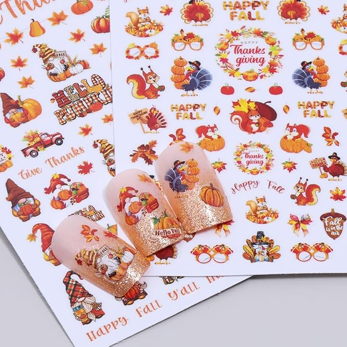 6 Sheets Fall 5D Embossed Nail Art Stickers Self-Adhesive Maple Leaf Pumpkin Nail Decals Cute Fox Turkey Squirrel Nail Design Stickers Thanksgiving Letters Acrylic Nails Art Supply for Women Manicure