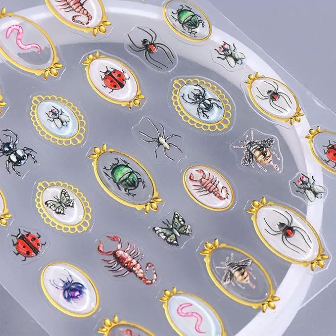2 Sheets Nail Stickers for Nail Art, Spring Summer 5D Embossed Insect Nail Decals Centipede Spider Butterfly Golden Edge Design Self-Adhesive Nail Supplies Nail Art Accessories