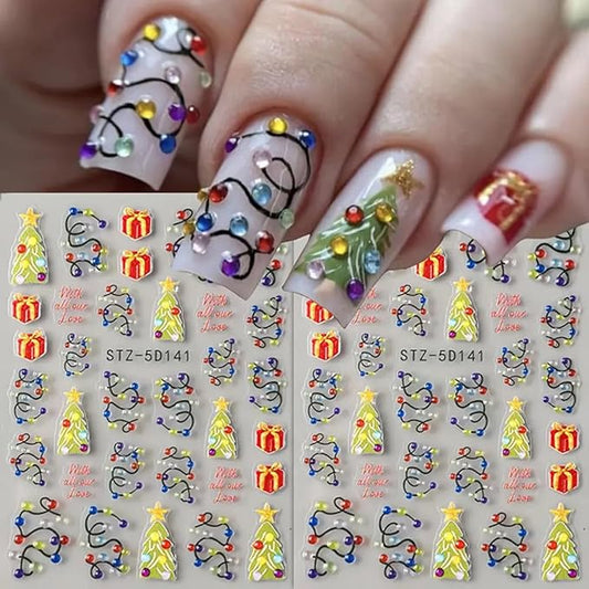 Christmas Nail Art Stickers 5D Embossed Light String Nail Decals with Xmas Tree Gifts Design Color Light Nail Stickers Acrylic Nail Supplies for Women DIY Christmas Decorations 2 Sheets