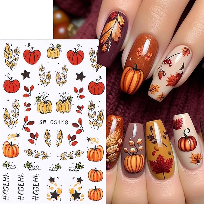 6 Sheets Pumpkin Nail Art Stickers Autumn Maple Leaf Nail Decals Maple Leaves Pumpkin Design Thanksgiving Day Nail Sticker Fall Stickers DIY Manicure Decoration Supplies for Women