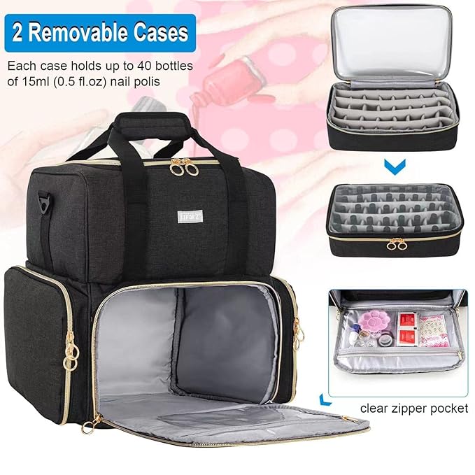 Nail Polish Organizer Holds 80 Bottles and a Nail Lamp,Nail Polish Carrying Case with 2 Removable Bags,Nail Organizers and Storage for Nail Tech,Portable Nail Polish Holder for Nail Supplies,Black