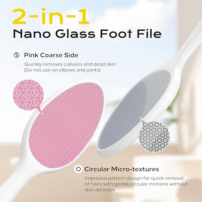 Foot File, Nano Glass Foot File Callus Remover with Handle, 2-in-1 Foot Scrubber Dead Skin Remover, Gentle Exfoliation Foot Buffer Pedicure Tools for Feet-Pink
