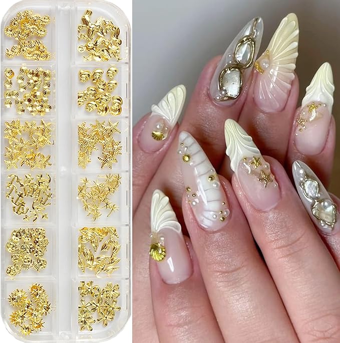Metal Beach Nail Art Charms 3D Gold Marine Life Nail Charms with Seahorse Shell Starfish Designs Nail Rhinestones for Acrylic Nails Golden Palm Tree Flowers Nail Jewelry for Women Summer Nails Supply