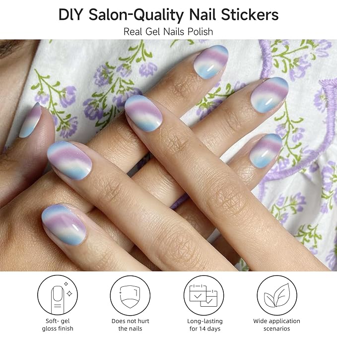 Semi Cured Gel Nail Strips, Colorful | 28 pcs Gel Nail Strips Work with Any UV Lamp, Salon Quality UV Nails Stickers, Easy to Apply for Home Nails DIY