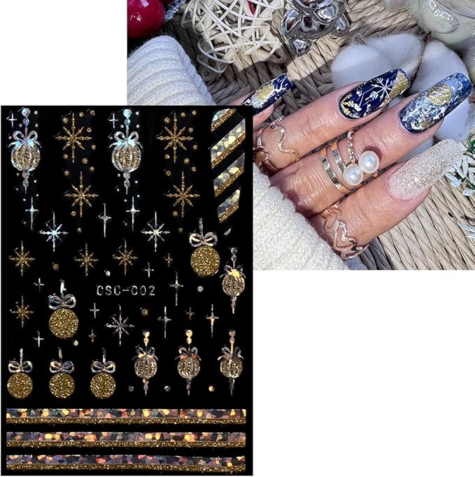 JMEOWIO 8 Sheets Christmas Gold Glitter Silver Nail Art Stickers Decals Self-Adhesive Snowflake Winter Holiday Nail Supplies Nail Art Design Decoration Accessories