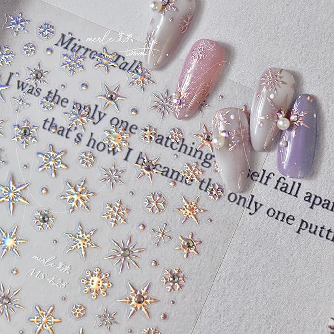 1 Sheets Christmas Nail Stickers 5D Embossed Snowflake Nail Art Stickers Laser with Rhinestones Glitter Nail Designs Winter Snowflake Nail Decals Nail Art Supplies for Women DIY Manicure Decorations