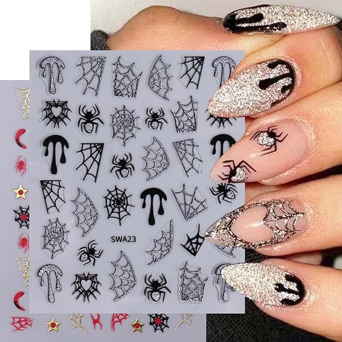 ONPRESS 6Sheet Halloween Nail Stickers 5D Embossed Skeleton Skull Nail Art Stickers Pink Hand Bone Rose Flower Nail Decals Self-Adhesive Gothic Scary Gold Nail Decor Manicure Accessories for Holiday