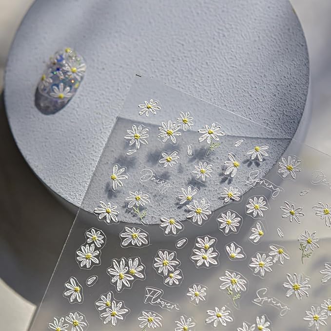 White Daisy Nail Stickers 5D Embossed Flower Nail Art Stickers Cute Daisy Nail Decals Self Adhesive Floral Nail Supplies Spring Summer Flowers Sticker for Women Manicure Sliders Decoration Kits