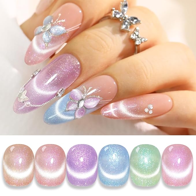 Double Rhythm 6 Colors Cat Eye Gel Polish Set Shimmer Glitter with Magnet Holographic Reflective Magnetic UV Nail Art Kit (6-Kit-48)