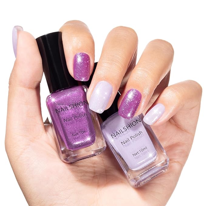 Quick Dry Nail Polish, Mermaid Shimmer Shades Fast Air Dry Fingernail Polish Duo, Non-Gel, Vegan, Long Lasting Lilac Glitter Nail Polish Polish Glossy Nail Art DIY Home Manicure