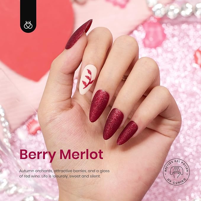beetles Burgundy Gel Polish Set - Berry Merlot 6 Colors Plum Gel Polish, Cherry Mocha Red Glitter Fall Winter Dark Purple Wine Nails Color, U V LED Soak Off Home DIY Manicure Nail Salon