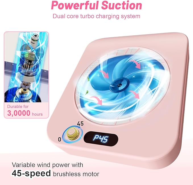 Nail Dust Collector with 2 Cleanable & Reusable Filters,Dust Extractor Compact Vacuum Fan Dust Collector,Suction Machine for Acrylic Home Nails Polishing Nail Salon,Pink