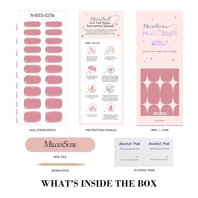 MelodySusie Semi Cured Gel Nail Strips (Genuine Pink), Works with Nail lamp, Salon Quality, Long Lasting, Easy to Apply and Remove, Includes 20Pcs, 2 Prep Pads, Nail File and Wooden Stick