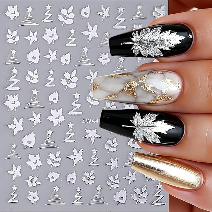 Fall Maple Leaves Nail Art Stickers for Thanksgiving, Gold Silver Maple Leaves Nail Decals 3D Self-Adhesive with Flowers Leaf Design 6Pcs Fall Glitter Nail Art Supplies for Women Nail Decoration