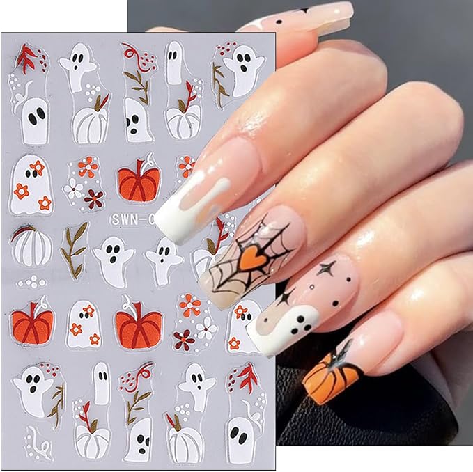 3Pcs Halloween Nail Stickers 5D Embossed Flower Ghost Nail Decals Spider Web Pumpkin Bandage Design Goth Spider Nail Art Stickers French Mummy Skeleton Nails Supplies for Women Holiday Manicure Decor