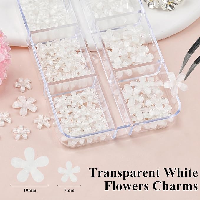4 Boxes 3D Flower Nail Charms and Gems - White Nail Flower Charms Crystal AB Clear Gemstones Silver/Gold Caviar Beads White/AB Pearls for Women DIY Manicure Crafts (17-S4-White)