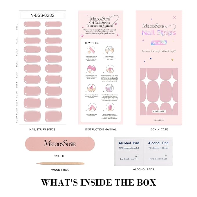 MelodySusie Semi Cured Gel Nail Strips (Camille Pink), Works with Nail Lamp, Salon Quality, Long Lasting, Easy to Apply and Remove, Includes 20Pcs, 2 Prep Pads, Nail File and Wooden Stick
