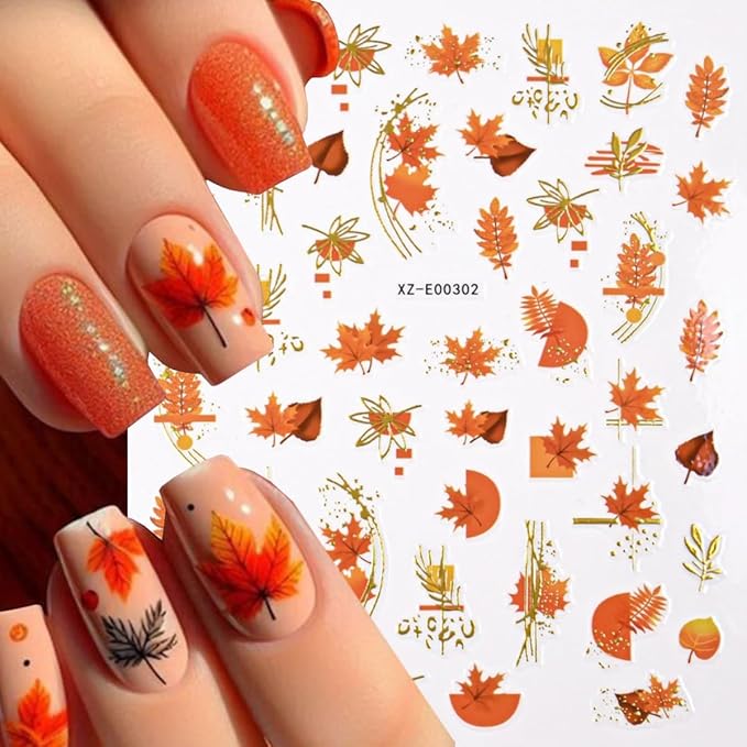 6 Sheets Fall Nail Art Stickers Autumn Maple Leaf Nail Stickers Thanksgiving Pumpkins Maple Leafs Nail Decorations Self-Adhesive 3D Gold Line Nail Design Sticker for Women DIY Manicure Supplies