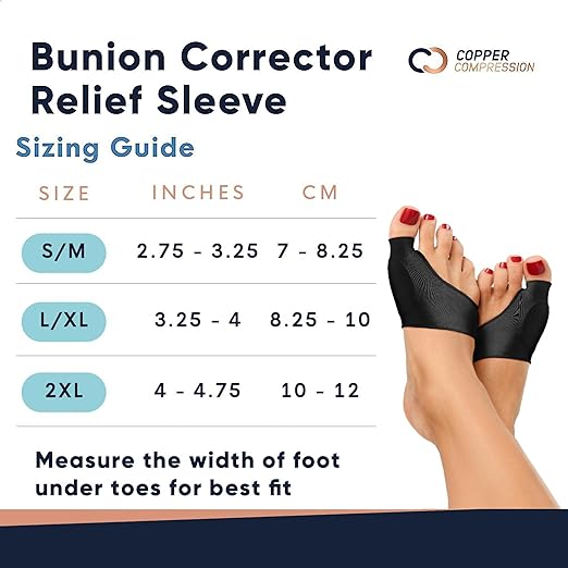 Copper Compression Bunion Corrector Relief Sleeve, Copper Infused, Orthopedic Brace Big Toe Alignment, Plantar Fasciitis, Hallux Valgus Relief - Toe Straightener & Spacer for Women & Men - 1 Pair