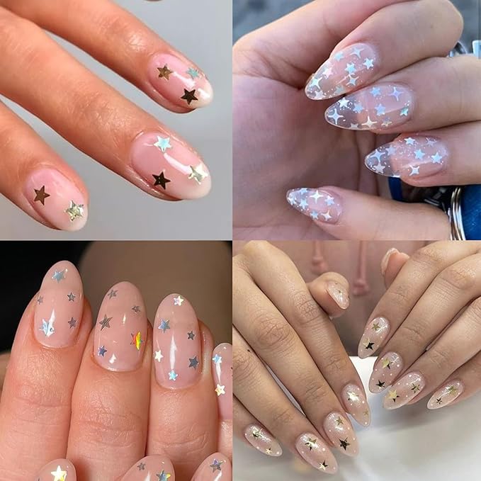 7Sheets Star Nail Art Stickers Decals 3D Self-Adhesive Shiny Black White Rose Gold Stars Nail Decals Holographic Laser Gold Silver Glitter Star Nail Design for Acrylic Manicure DIY Women Nail Decor