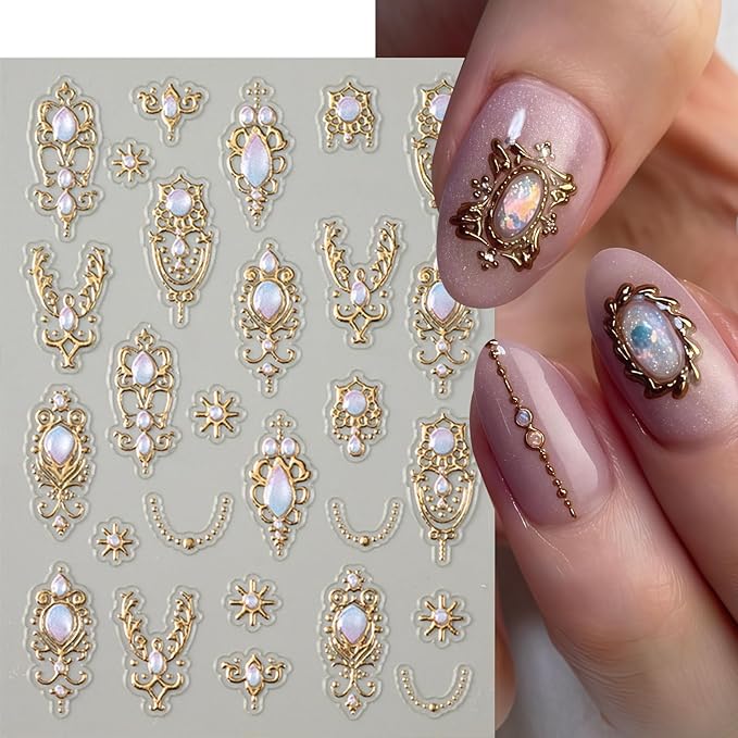 4Pcs 5D Embossed Gemstone Nail Stickers Gold Silver Nail Art Stickers Decals with Gold Mace Design Colorful Rhinestones Nail Stickers for Nail Art Mace Style Nail Decoration for Women Nails Supplies