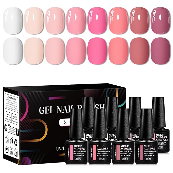 MEET ACROSS 1 Step Gel Polish Set Nail Art Manicure 3 in 1 Gel Kit Soak Off LED Gel Nail Varnishes No Need base gel top coat (Set-6, 8PCS)