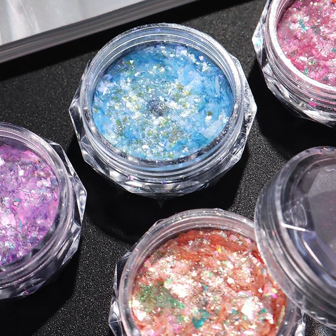 4 Jars Mermaid Flake Nail Glitter Sequins, Holographic Opal Powder, Iridescent Ice Crystal Mermaid Nail Art Pigment Sparkly Glitter for DIY Manicure Decorations